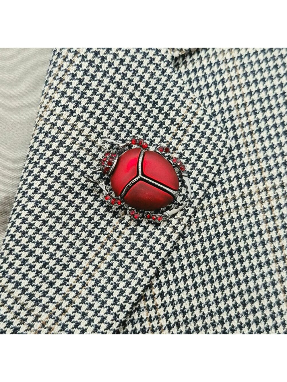 Vintage Vibes Red Beetle Brooch Scarab Pin Rhinestone Silver Insect Tone 1.5"